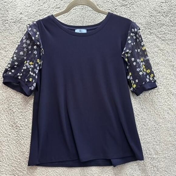 CeCe Large Blue Top Sheer Floral Sleeves Casual Work Office EUC - Picture 7 of 8